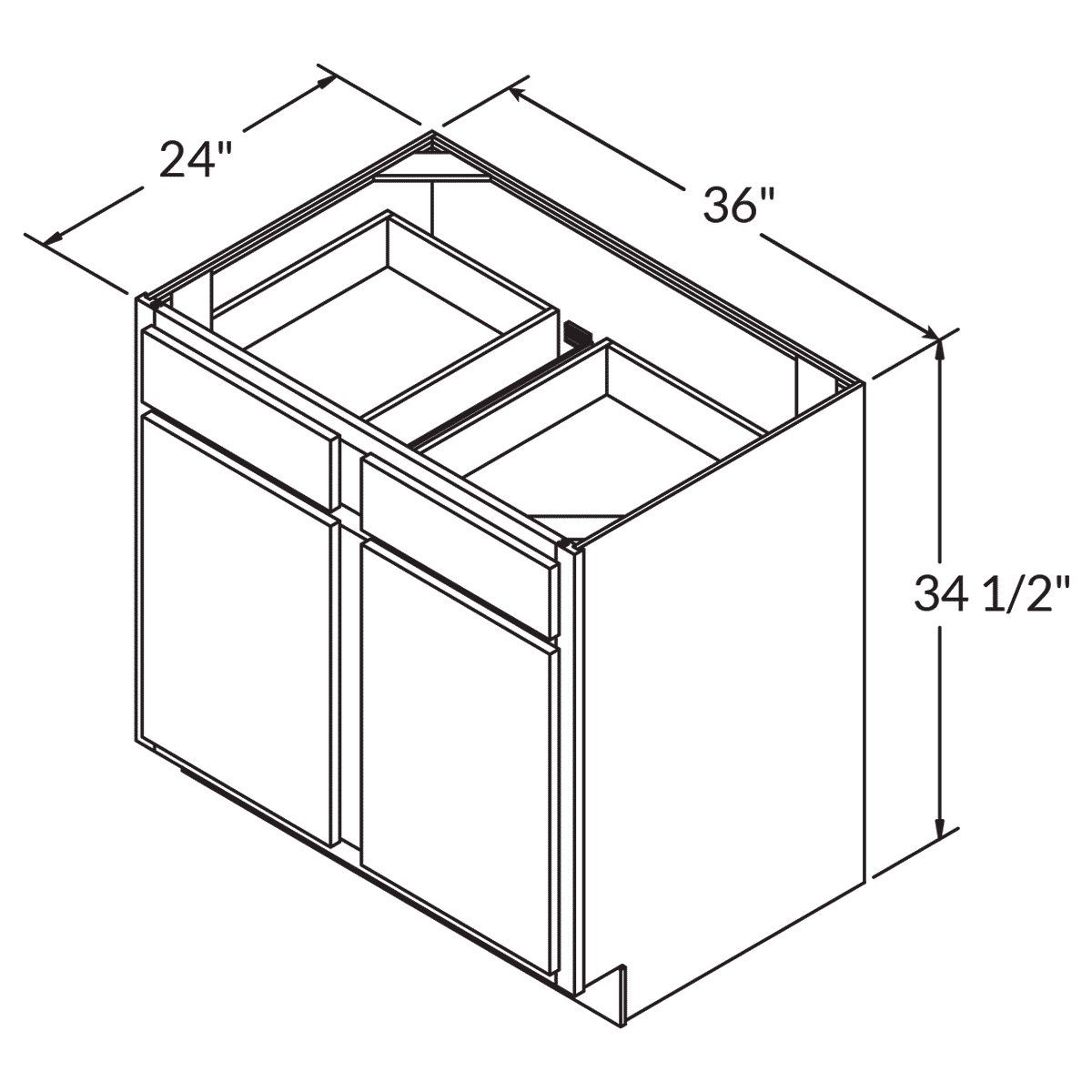 Base Double Door Two Drawers 36 Wide White Shaker Cabinet