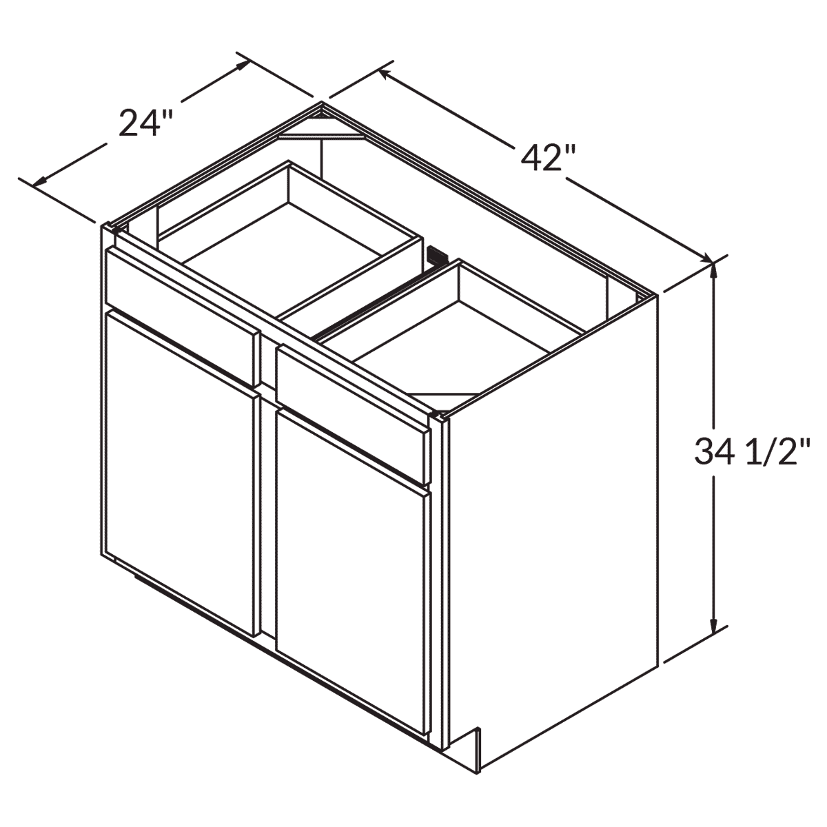 Base Double Door Two Drawers 42 Wide White Shaker Cabinet