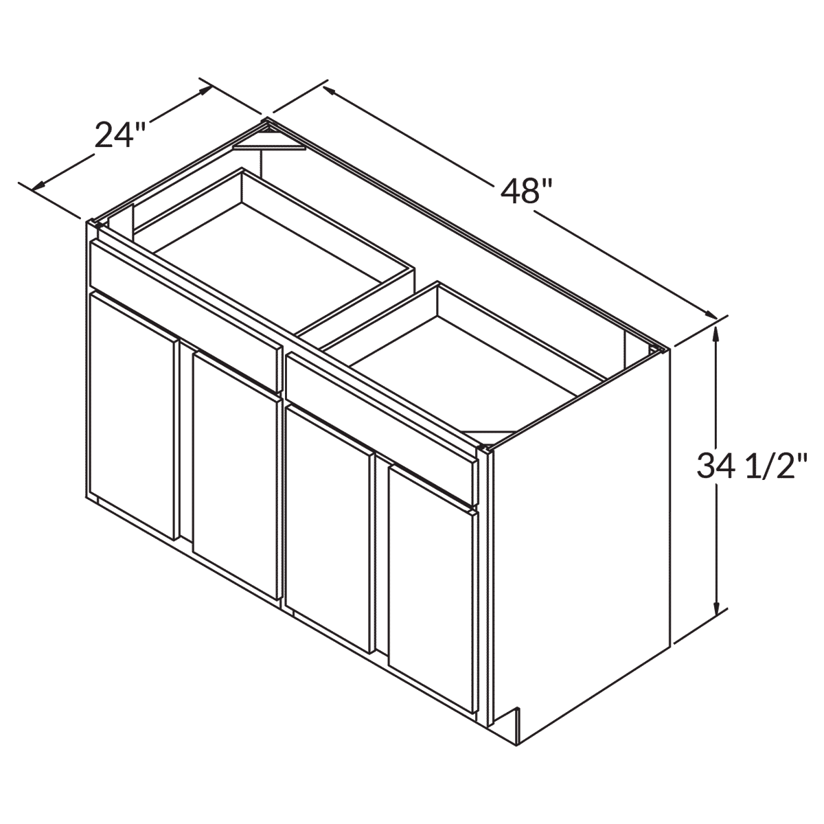 Base Four Door Two Drawers 48 Wide White Shaker Cabinet